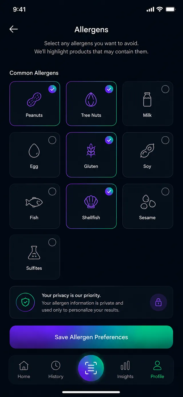 Allergen preferences screen.