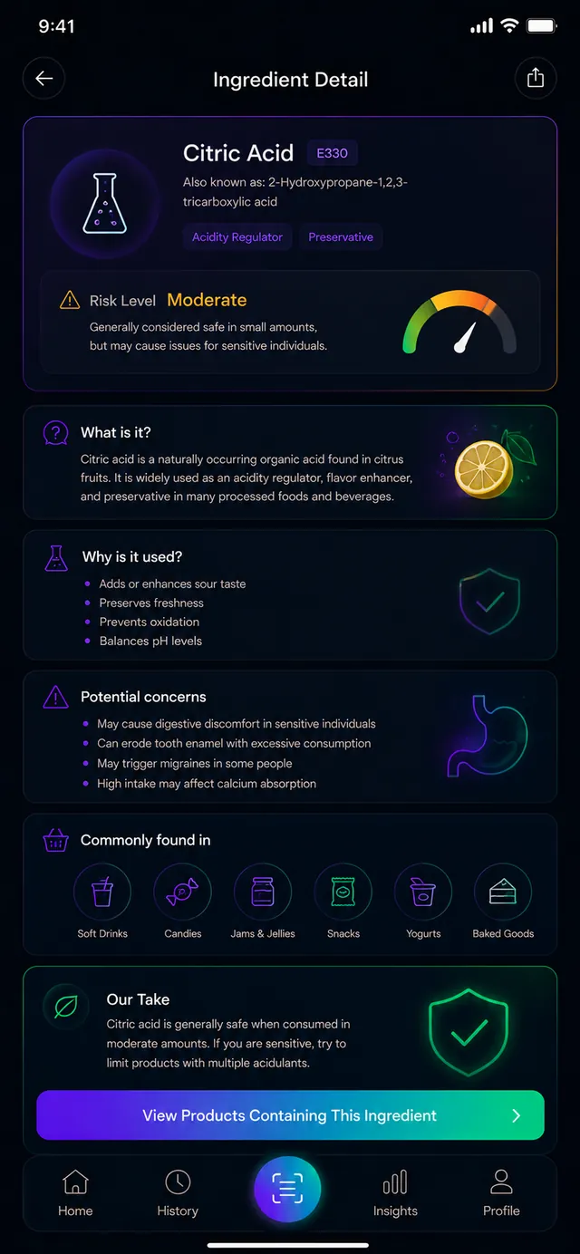 Ingredient detail with a risk level and explanation.
