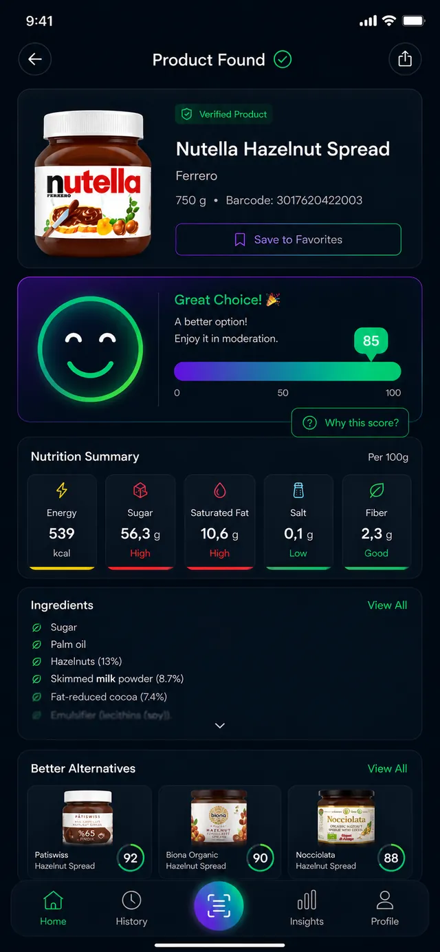 Barliva product result with a green 0–100 health score, nutrition summary and ingredients.