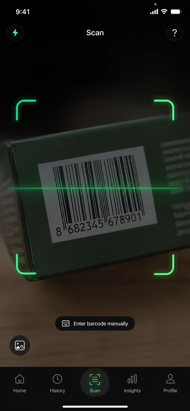 Barliva barcode scanner framing a product barcode.